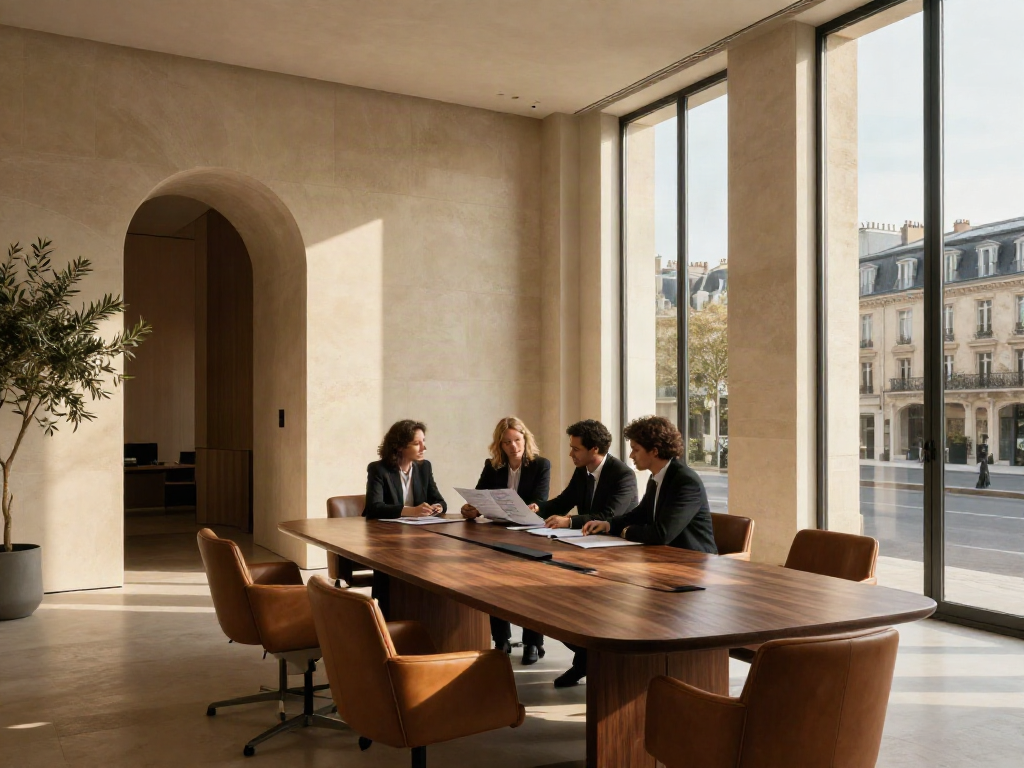 Consulting team considering business strategy in a sunlit, contemporary boardroom